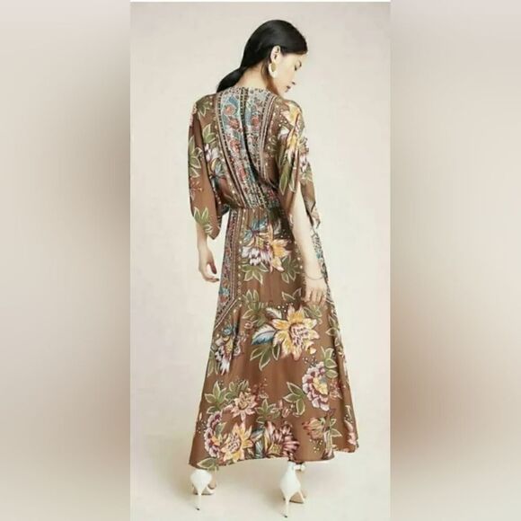 Farm Rio Anthropologie Valentina Dress In Brown Motif Size Extra Small NWT - Picture 3 of 15
